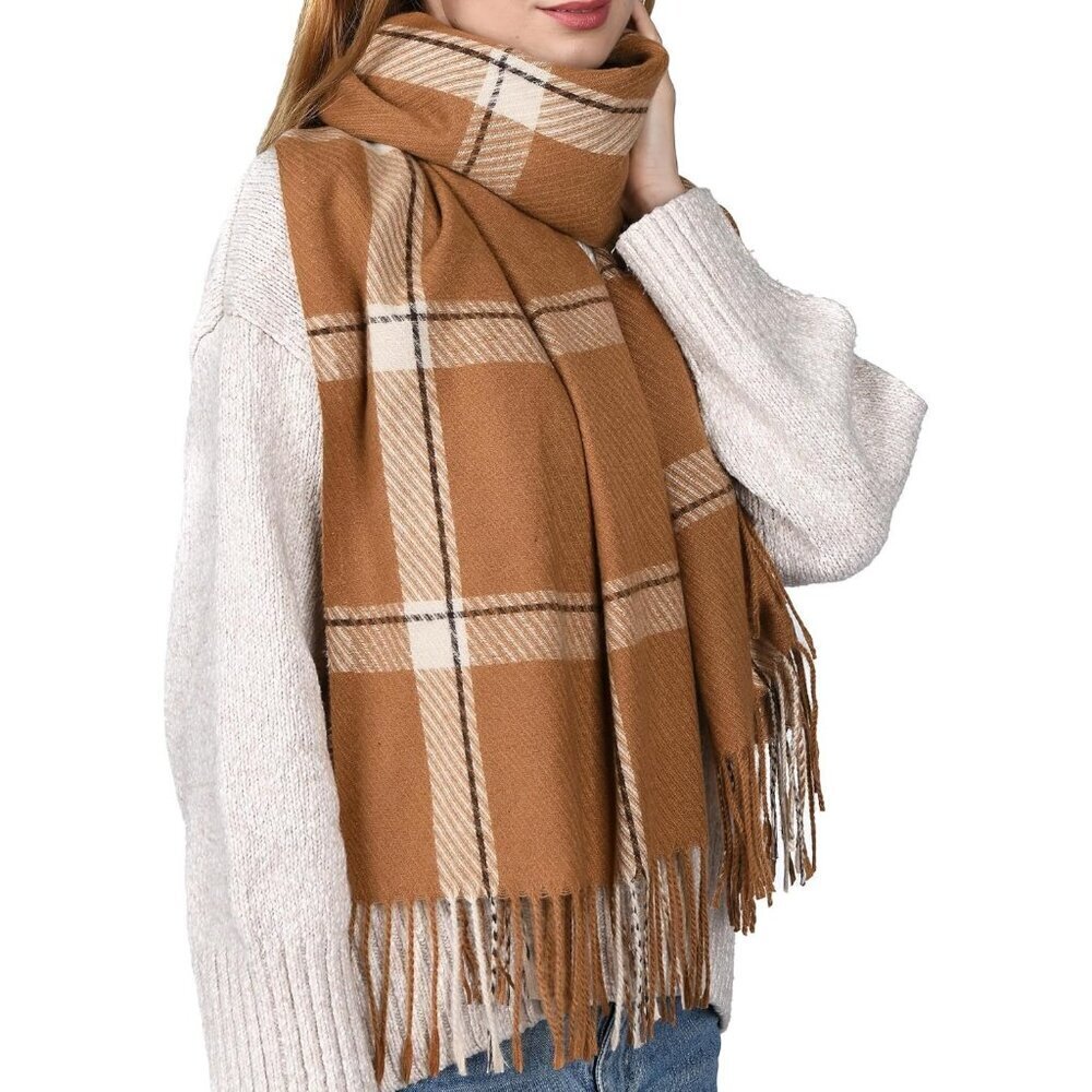 Women Camel Winter Scarf for Shawl Soft Tassel Plaid Large Oversized Scarves
